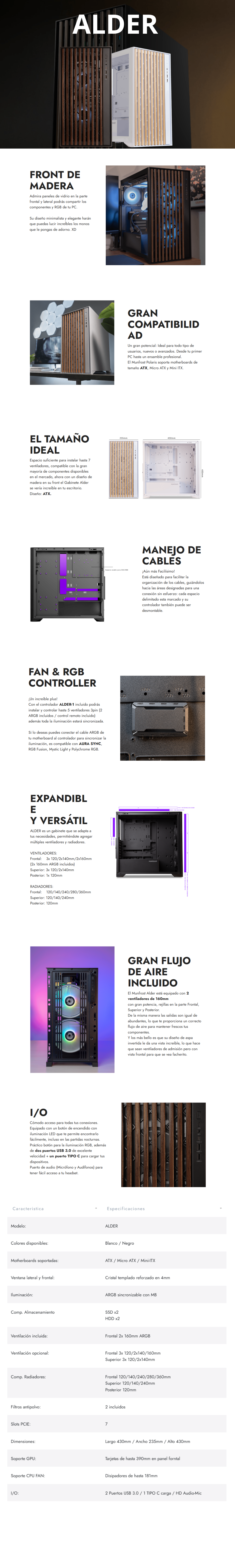 Gabinete Munfrost ALDER / Cristal Templado Reforzado / ATX-Micro ATX-Mini ITX / 2 Ventiladores 160mm Incluidos / Gran Flujo de Aire / Incluye Controlador Alder-1 / White