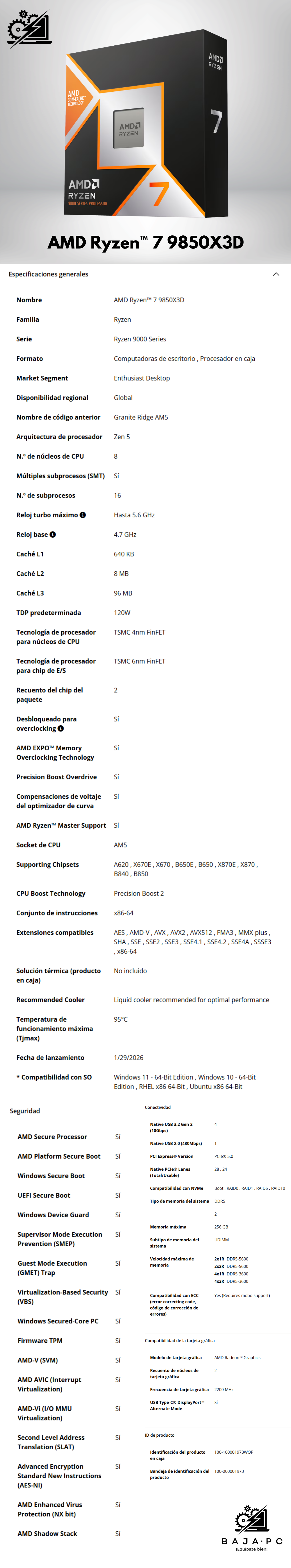 Procesador Amd Ryzen 7 9850x3d 8core 5.6ghz Am5