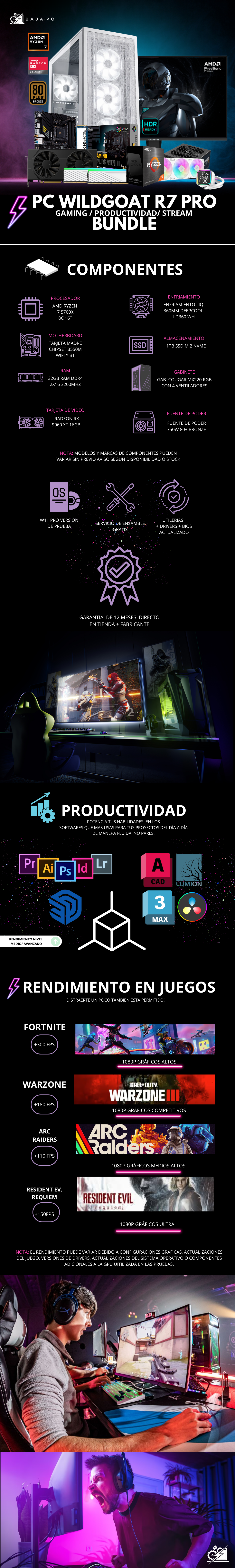PC WILDGOAT R7 PRO BUNDLE / AMD RYZEN 7 5700X/ RADEON RX 9060 XT 16G / 32GB RAM / 1TB SSD NVME / ENFRIAMIENTO LIQ 360MM / FUENTE 750W 80+ BRONZE / W11 PRO/ MONITOR GIGABYTE FHD 200HZ 24" / PROMOCION