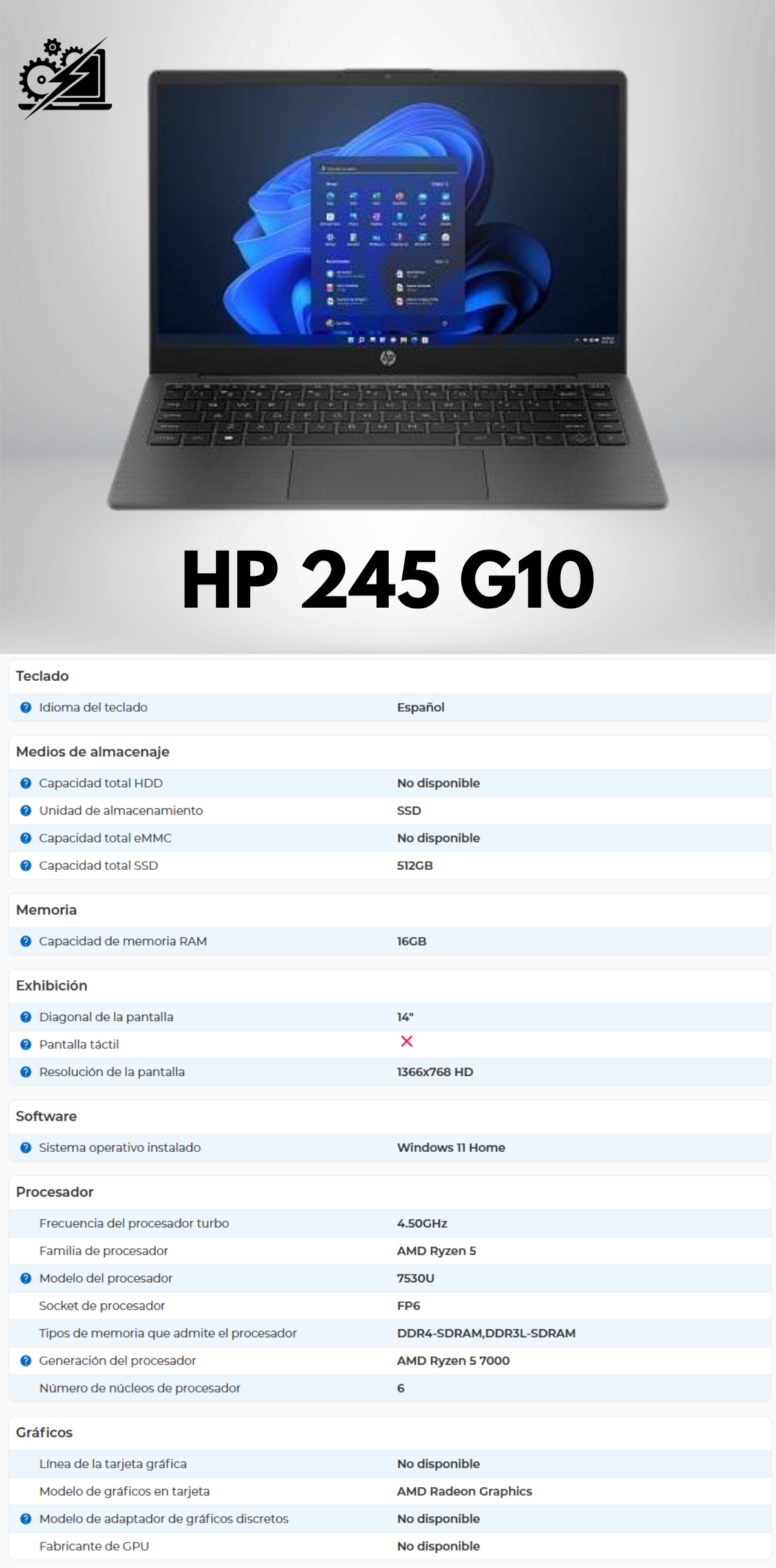Laptop HP 245 G10, 14" 1366x768 HD, AMD Ryzen 5 7530U, 16GB, 512GB SSD, Windows 11 Home
