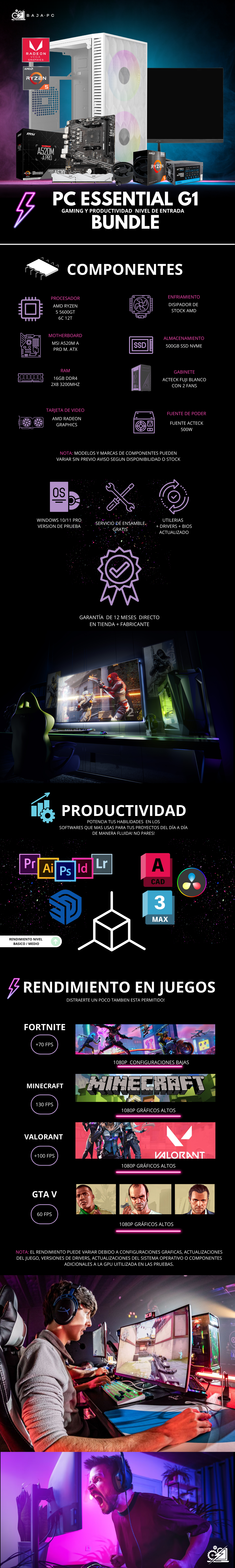 PC ESSENTIAL G1 BUNDLE / AMD RYZEN 5 5600GT / AMD VEGA GRAPHICS / 16GB RAM / 500GB SSD NVME / FUENTE 500W / INCLUYE MONITOR 21.2" FHD 75HZ / PROMOCION