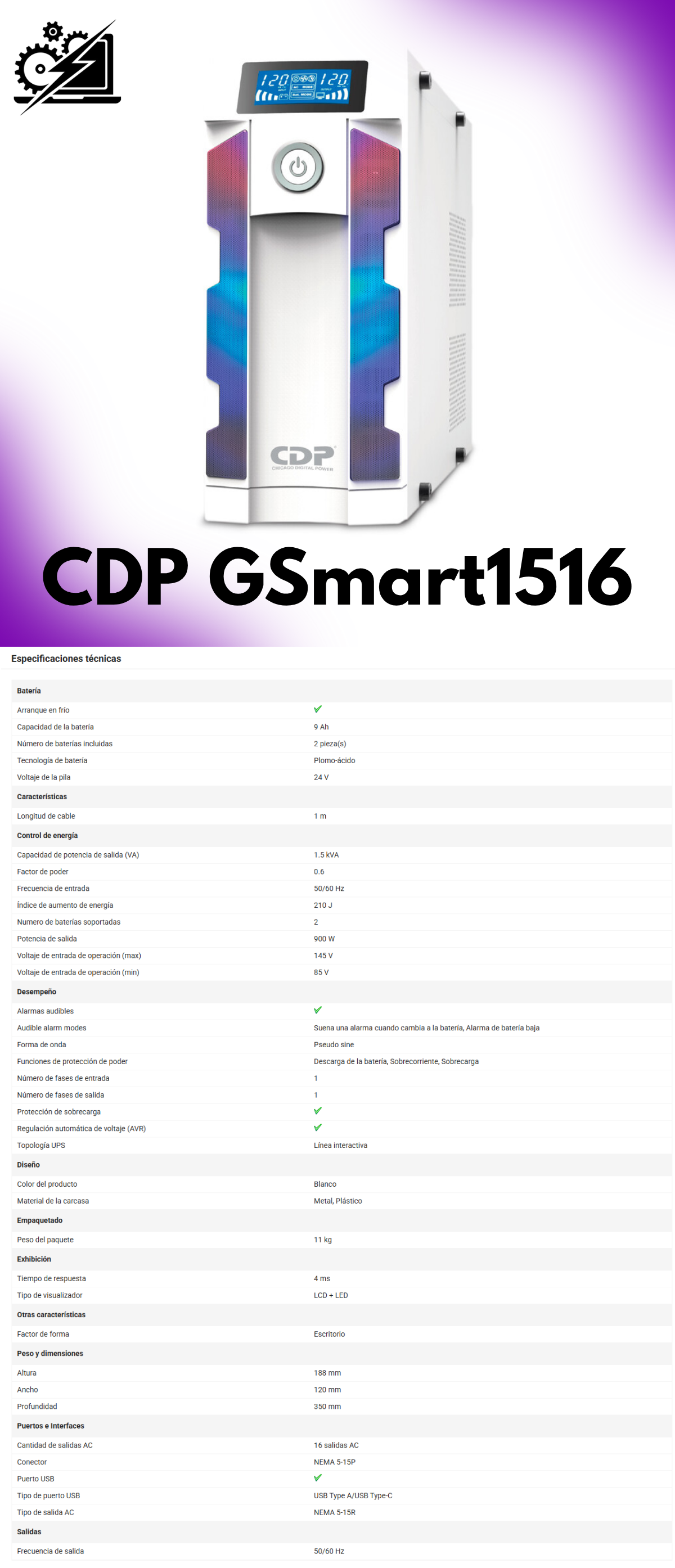 No Break CDP GSmart1516 1500VA 900W UPS Smart con AVR 16 Salidas, 8 Puertos USB-A, 2 Puertos USB-C, Pantalla LCD, Luz RGB, Voltaje 120V