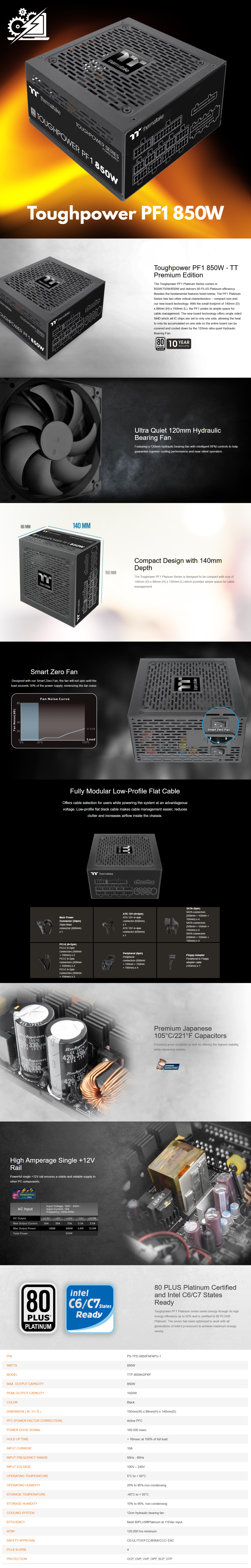 Thermaltake TOUGHPOWER PF1 850W Unidad de fuente de alimentación 80PLUS PLATINUM