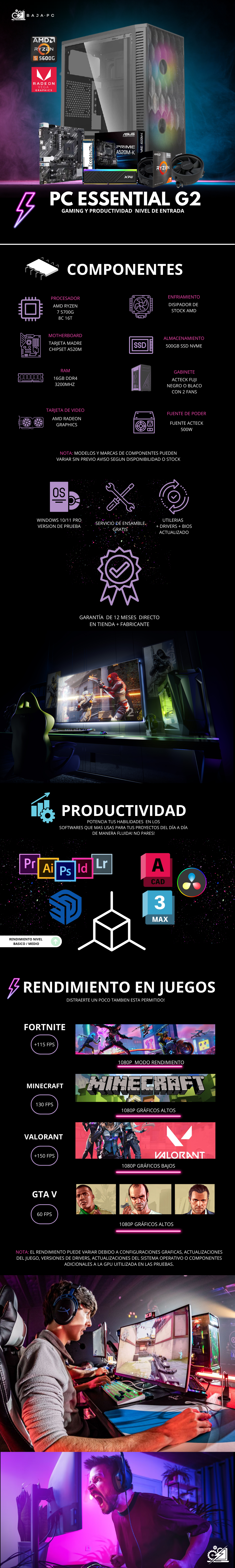 PC ESSENTIAL G2 / AMD RYZEN 7 5700G / RADEON VEGA 7 / 16GB RAM / 500GB SSD M.2 NVME / FUENTE 500W / PROMOCION