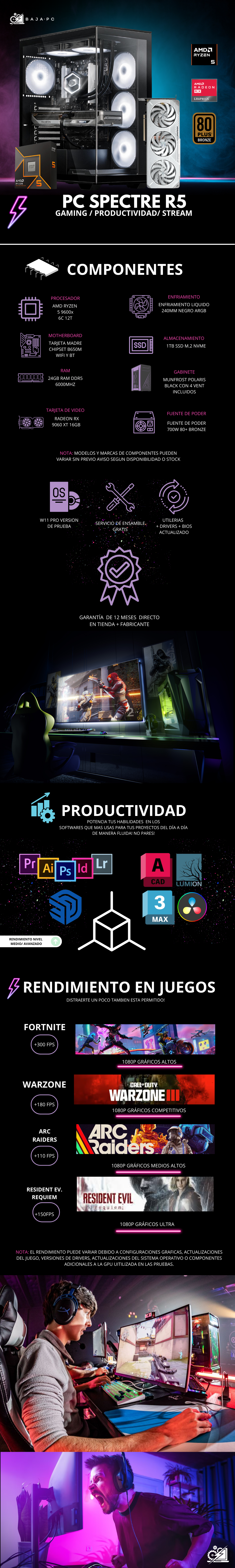 PC SPECTRE R5 / AMD RYZEN 5 9600X / RADEON RX 9060 XT 16G / 24GB RAM DDR5 / 1TB SSD NVME / FUENTE 700W 80+ BRONZE / ENFRIAMIENTO LIQ 240MM/ W11 PRO / PROMOCION