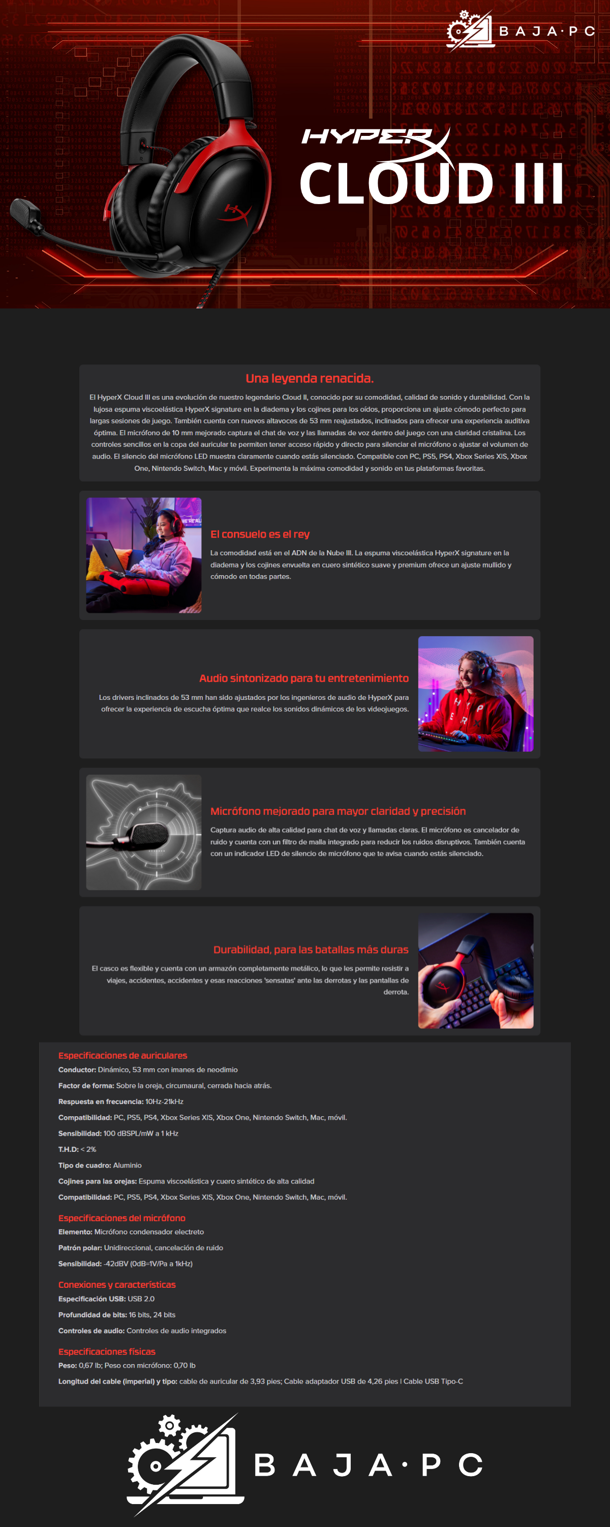 HyperX Cloud III Audifonos Gamer / Negro Rojo / con cable / Modelo 727A9AA
