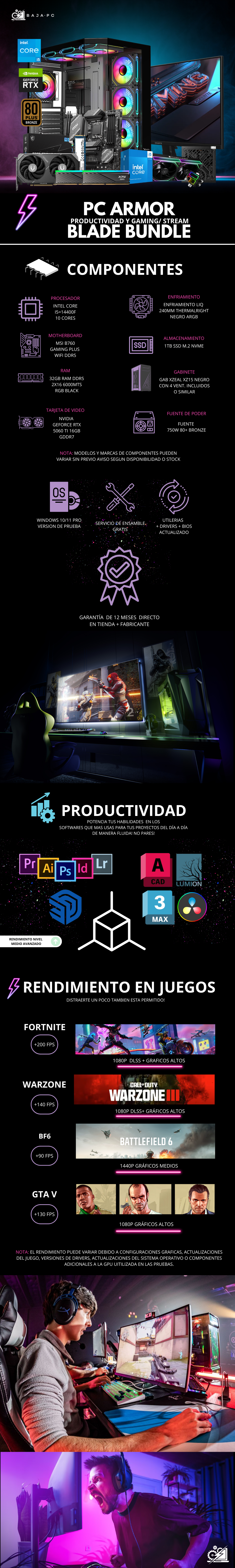 PC ARMOR BLADE BUNDLE / INTEL CORE I5-14400F/ RTX 5060 TI 16G / 32GB RAM DDR5 / 1TB SSD NVME / ENFRIAMIENTO LIQ 240MM / FUENTE 750W 80+ BRONZE /MONITOR 27" 1440P 180HZ 1MS GIGABYTE/ W11 PRO / PROMOCION