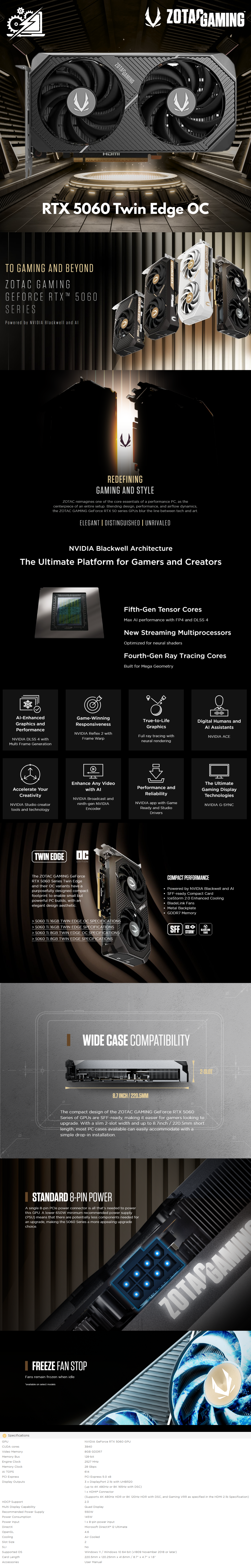 Tarjeta de Video Zotac NVIDIA GeForce RTX 5060 TWIN EDGE OC Edition / 8GB / 128-bit GDDR7 / PCI Express 5.0 x8 / ZT-B50600H-10M