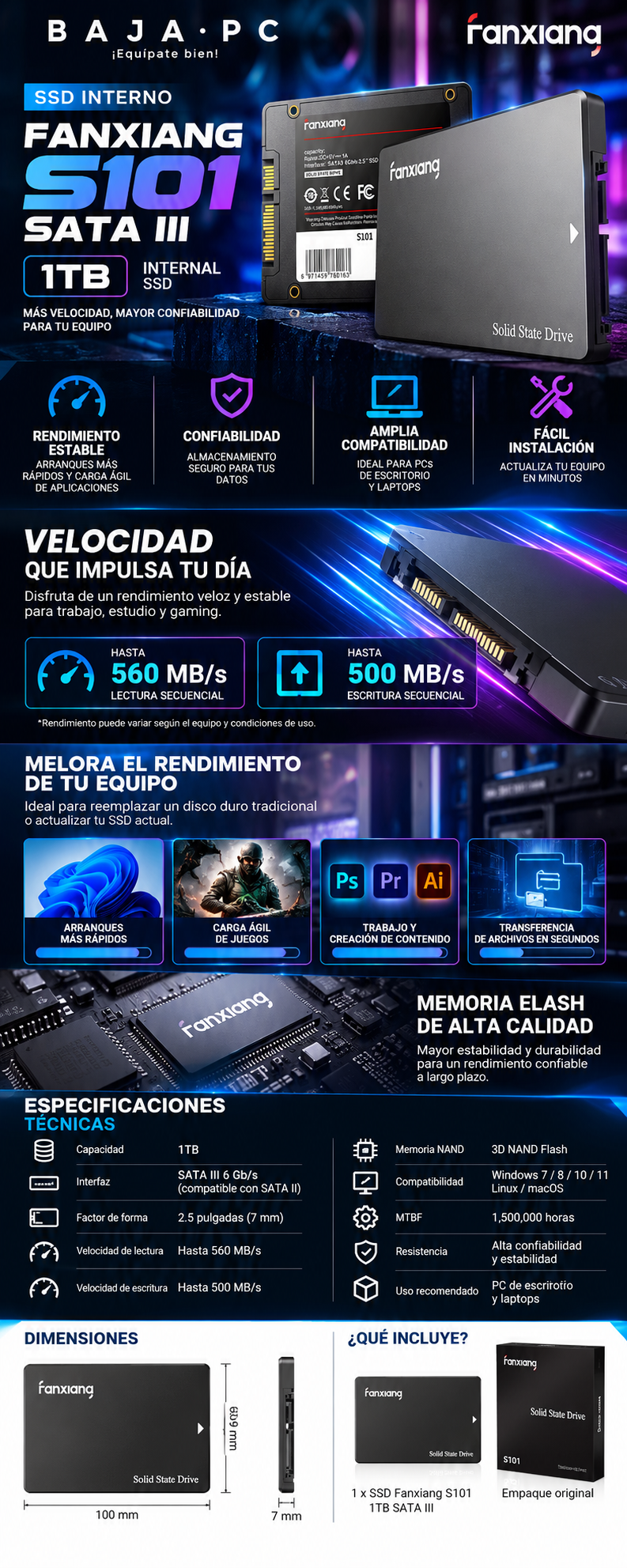 Fanxiang S101 SATA III Internal SSD / 1TB / SATA Ⅲ 6GB/S / Compatible con Windows, Mac OS, Linux, Unix / Lectura de hasta  520MB/s