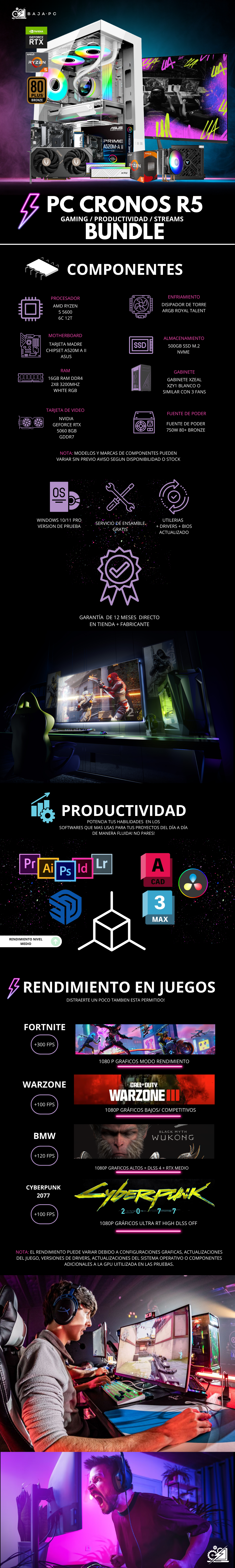 PC CRONOS R5 BUNDLE / AMD RYZEN 5 5600 / RTX 5060 / 16GB RAM / 500GB SSD NVME / DISIPADOR DE TORRE ARGB / FUENTE 750W 80+ BRONZE / INCLUYE MONITOR 23.8" 144HZ 1MS/ W11 PRO / PROMOCION