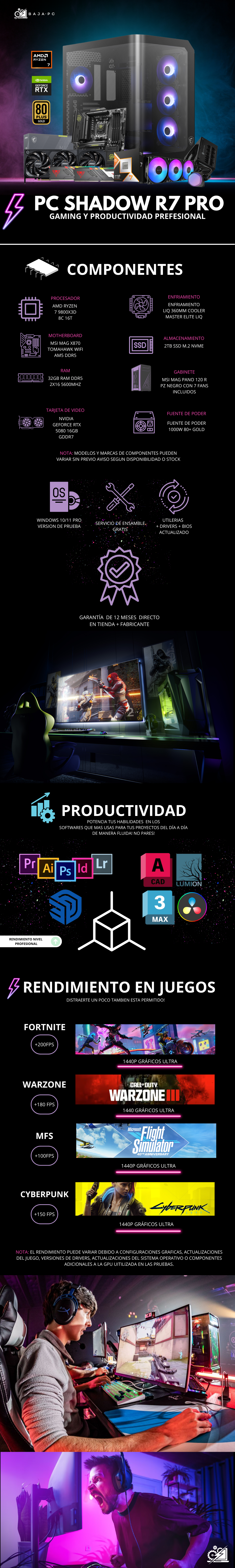 PC SHADOW R7 PRO / AMD RYZEN 7 9800X3D/ RTX 5080 / 32GB RAM DDR5 / 2TB SSD NVME / ENFRIAMIENTO LIQ 360MM / FUENTE 1000W 80+ GOLD/ W11 PRO / PROMOCION