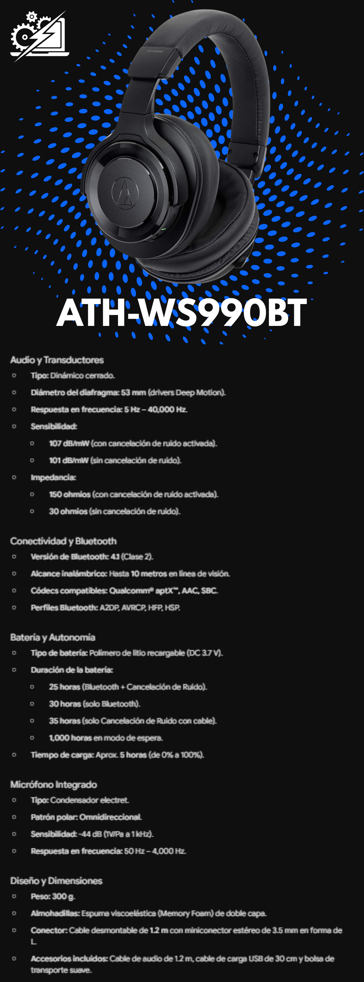 Auriculares inalámbricos AudioTechnica ATH-WS990BT con cancelación de ruido, audio de alta resolución, micrófono integrado y controles (Negro)