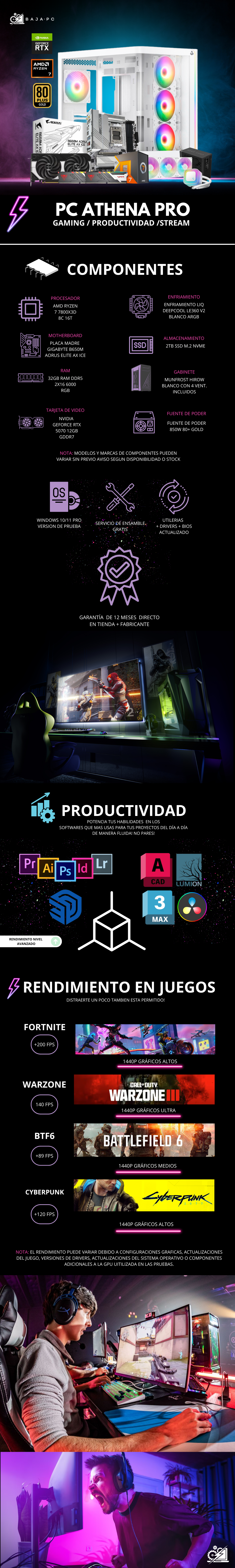 PC ATHENA PRO / AMD RYZEN 7 7800X3D / RTX 5070 / 32GB RAM DDR5 / 2TB SSD NVME / ENFRIAMIENTO LIQ 360MM / FUENTE 850W 80+ GOLD / W11 PRO / PROMOCION