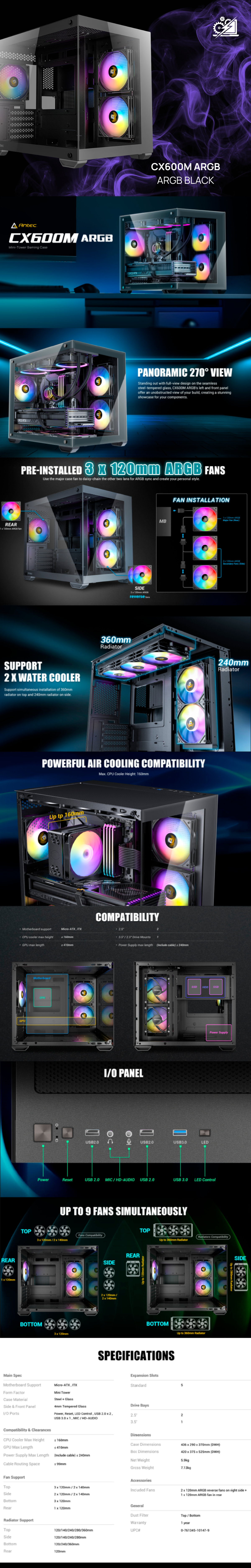 Gabinete Antec CX600M / Mini-Tower, Micro-ATX/ITX / USB 2.0/3.0 / Incluye 3 Ventiladores / Sin Fuente / Black / CX600M ARGB_B