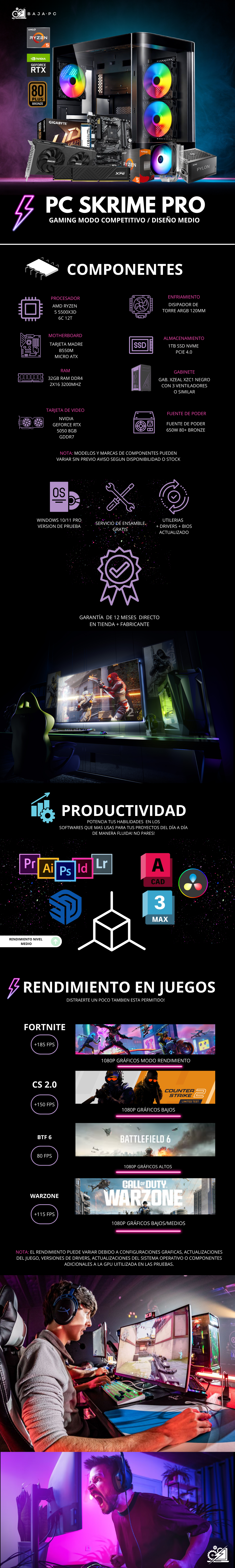 PC SKRIME PRO / AMD RYZEN 5 5500X3D / RTX 5050 / 32GB RAM / 1TB SSD NVME / DISIPADOR DE TORRE / FUENTE 650W 80+ BRONZE / B550M / WIFI / BLUETOOTH / W11 PRO / PROMOCION