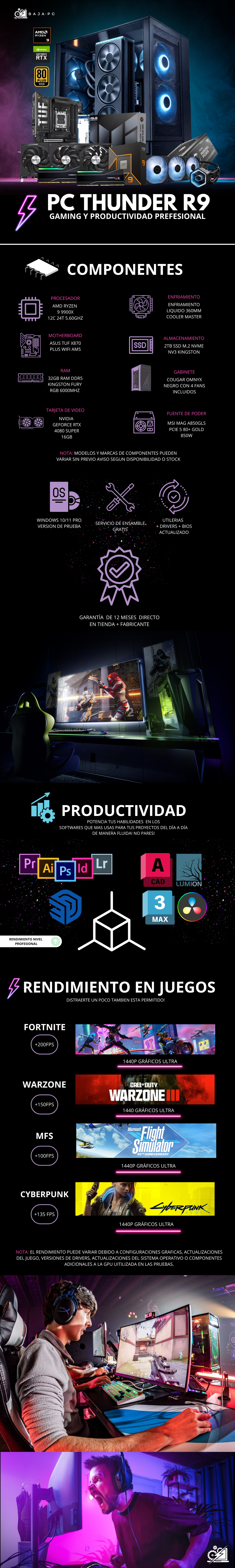 PC THUNDER R9 / AMD RYZEN 9 9900X / RTX 4080 SUPER 16G / 32GB RAM DDR5 / 2TB SSD NVME / ENFRIAMIENTO LIQ 360MM / FUENTE 850W 80+ GOLD / W11 PRO / PROMOCION