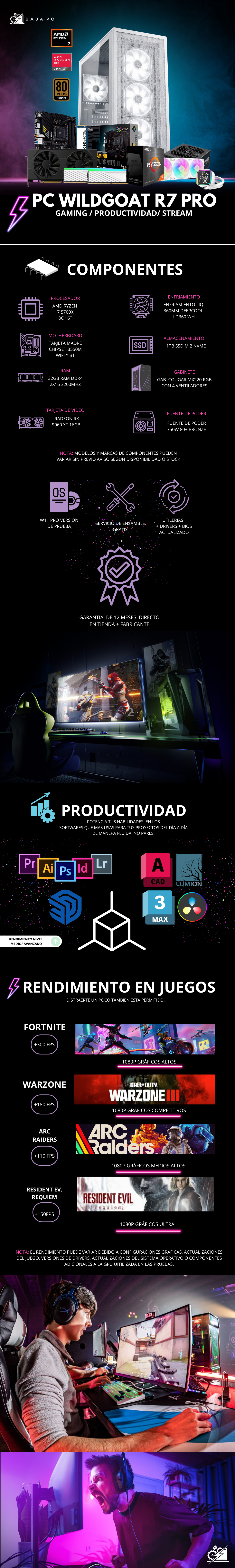 PC WILDGOAT R7 PRO / AMD RYZEN 7 5700X/ RADEON RX 9060 XT 16G / 32GB RAM / 1TB SSD NVME / ENFRIAMIENTO LIQ 360MM / FUENTE 750W 80+ BRONZE / W11 PRO / PROMOCION