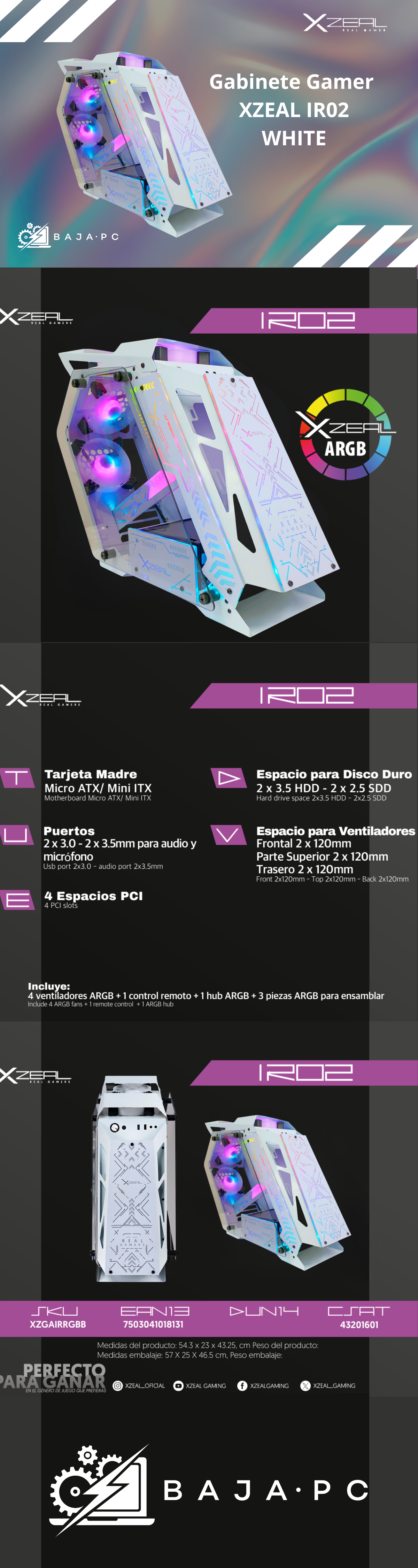 Gabinete Gamer XZEAL IR02 / Micro ATX/Mini ITX / 4 Ventiladores ARGB / Cristal Templado / ARGB / Blanco / XZGAIRRGBW
