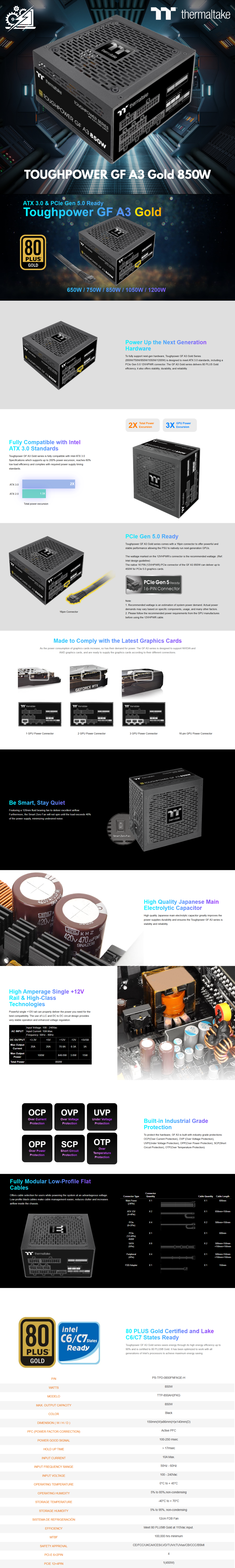 Fuente de Poder Thermaltake Toughpower GF A3 850W+ Gold / 24-pin / ATX / 135mm / PS-TPD-0850FNFAGU-H