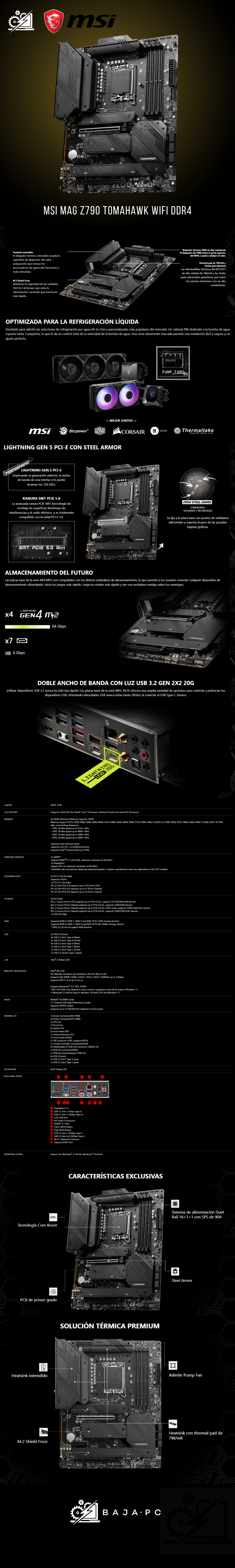 Tarjeta Madre MSI MAG Z790 TOMAHAWK WIFI DDR4 / Socket LGA1700 / ATX / DDR4 / SATA3 y USB3.2 / M.2 / WiFi / Intel Core 12va y 13va Generación