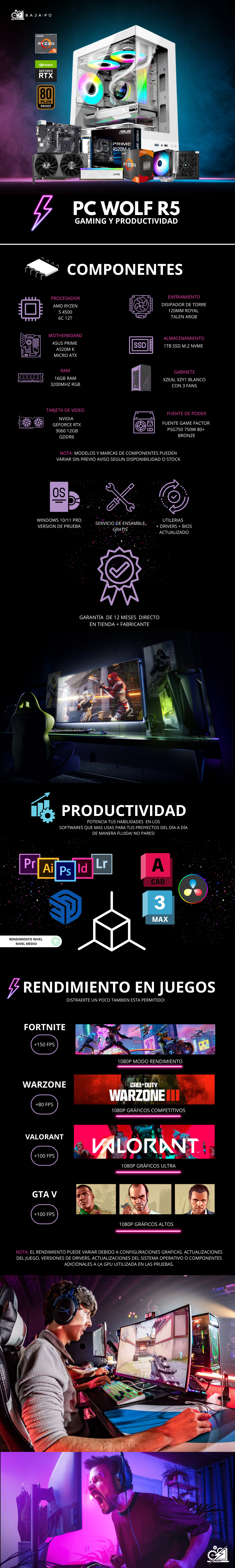 PC WOLF R5 / AMD RYZEN 5 4500 / RTX 3060 / 16GB RAM / 1TB SSD NVME / DISIPADOR DE TORRE ARGB /A520M / FUENTE 750W 80+ BRONZE/ W11 PRO / PROMOCION