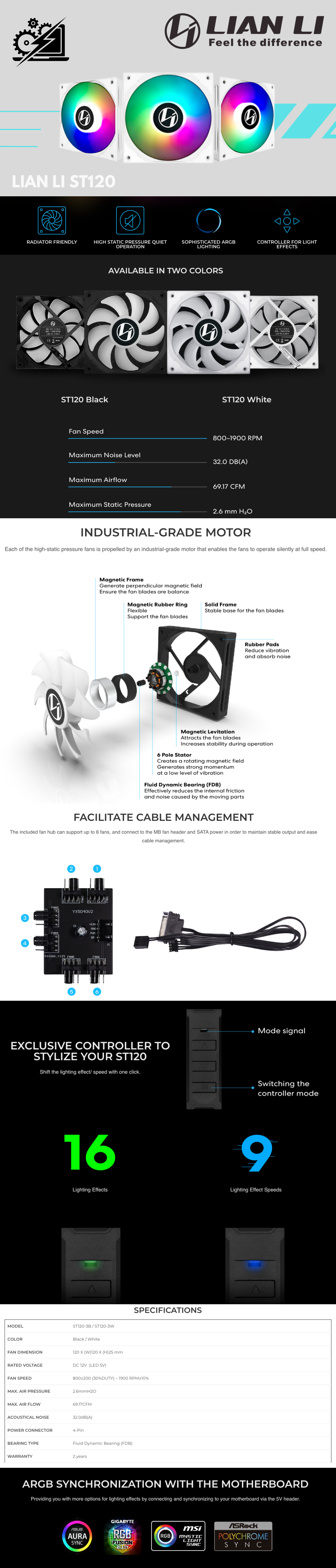 Kit 3 Ventiladores Lian Li ST120 / RGB / Ventilador 120mm / Triple Pack / Blanco / ST120-3W