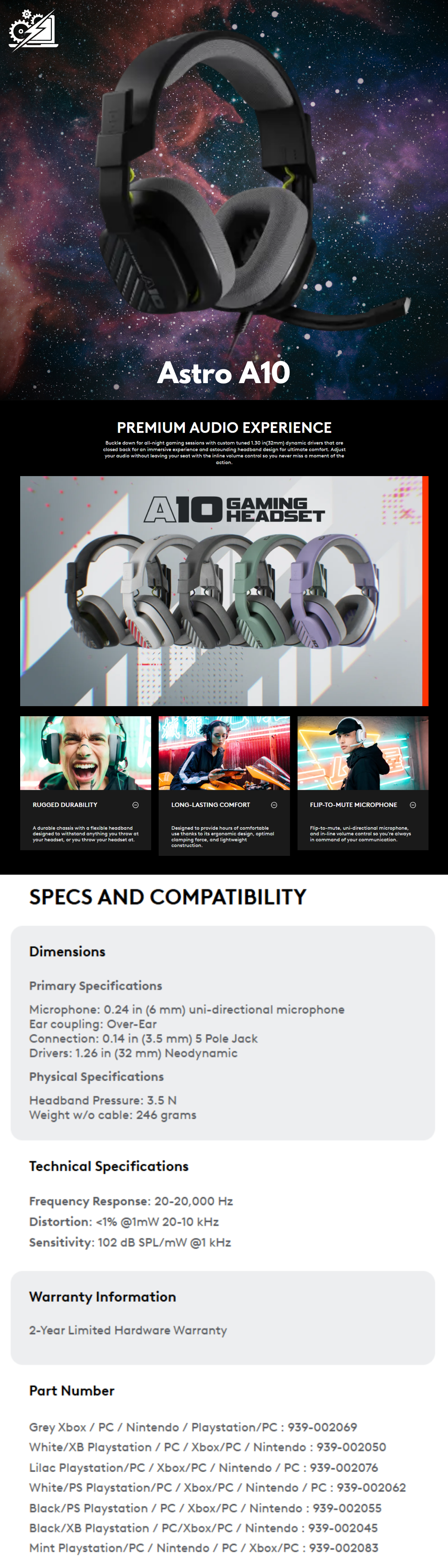 Astro A10 - Auriculares con Cable para Juegos - Auriculares para Juegos con micrófono de Giro a Silencio, Controladores de 32 mm, para Xbox Series X|S, Xbox One, Nintendo Switch, PC, Mac