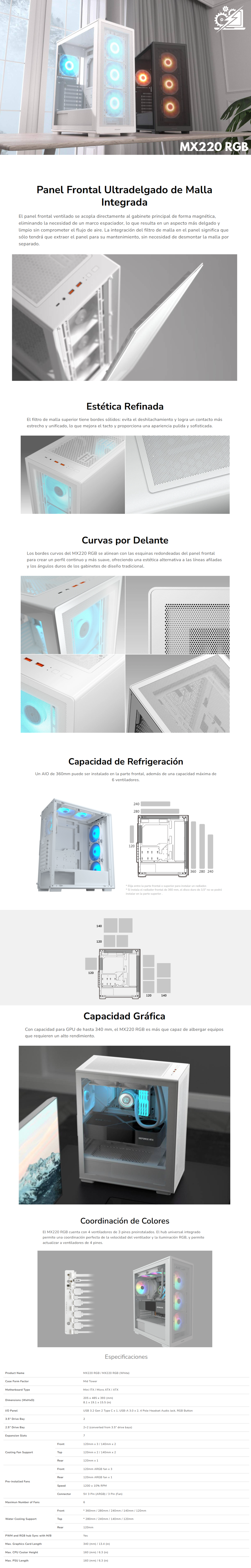 Gabinete Cougar MX220 / RGB / Cristal Templado / Midi-Tower, Mini-ITX/Micro-ATX/ATX / USB 3.0/2.0 / Sin Fuente / 4 Ventiladores ARGB Instalados / NEGRO