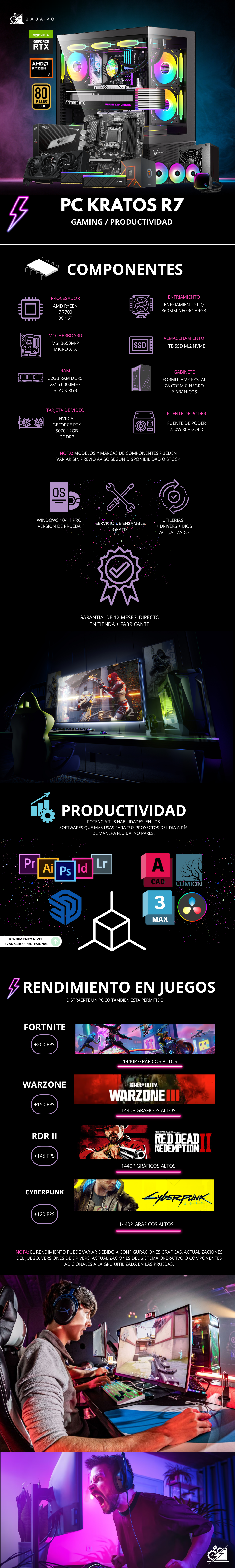 PC KRATOS R7 / AMD RYZEN 7 7700 / RTX 5070 / 32GB RAM DDR5 / 1TB SSD NVME / ENFRIAMIENTO LIQ 360MM / FUENTE 750W 80+ GOLD /  PROMOCION
