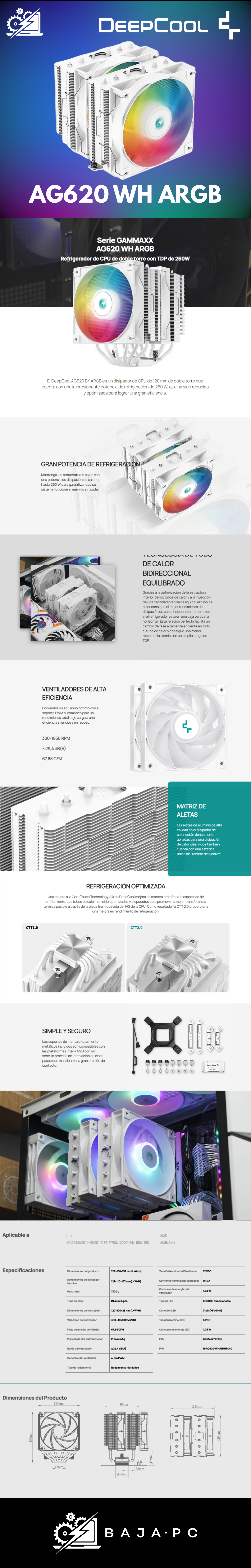 Disipador CPU DeepCool AG620 WH ARGB / 120mm / 300-1850RPM / Blanco / R-AG620-WHANMN-G-2