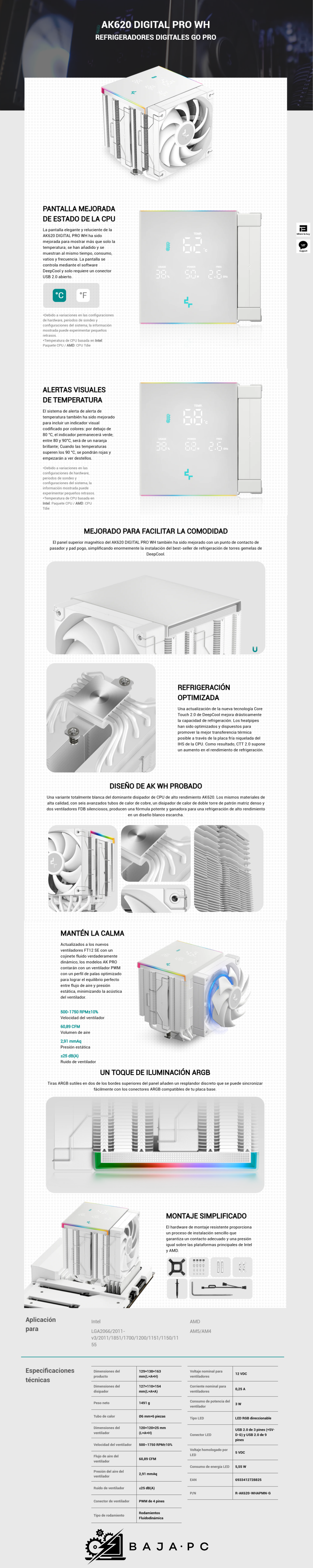 Disipador DeepCool AK620 DIGITAL PRO / 120mm / 500~1750RPM / Blanco / R-AK620-WHAPMN-G