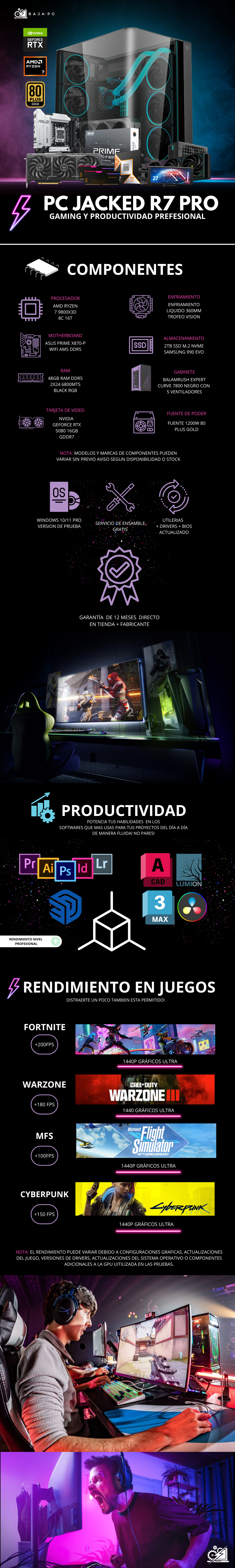 PC JACKED R7 PRO / AMD RYZEN 7 9800X3D / RTX 5080 / 48GB RAM DDR5 / 2TB SSD NVME / ENFRIAMIENTO LIQ 360MM / FUENTE 1200W 80+ GOLD / PROMOCION