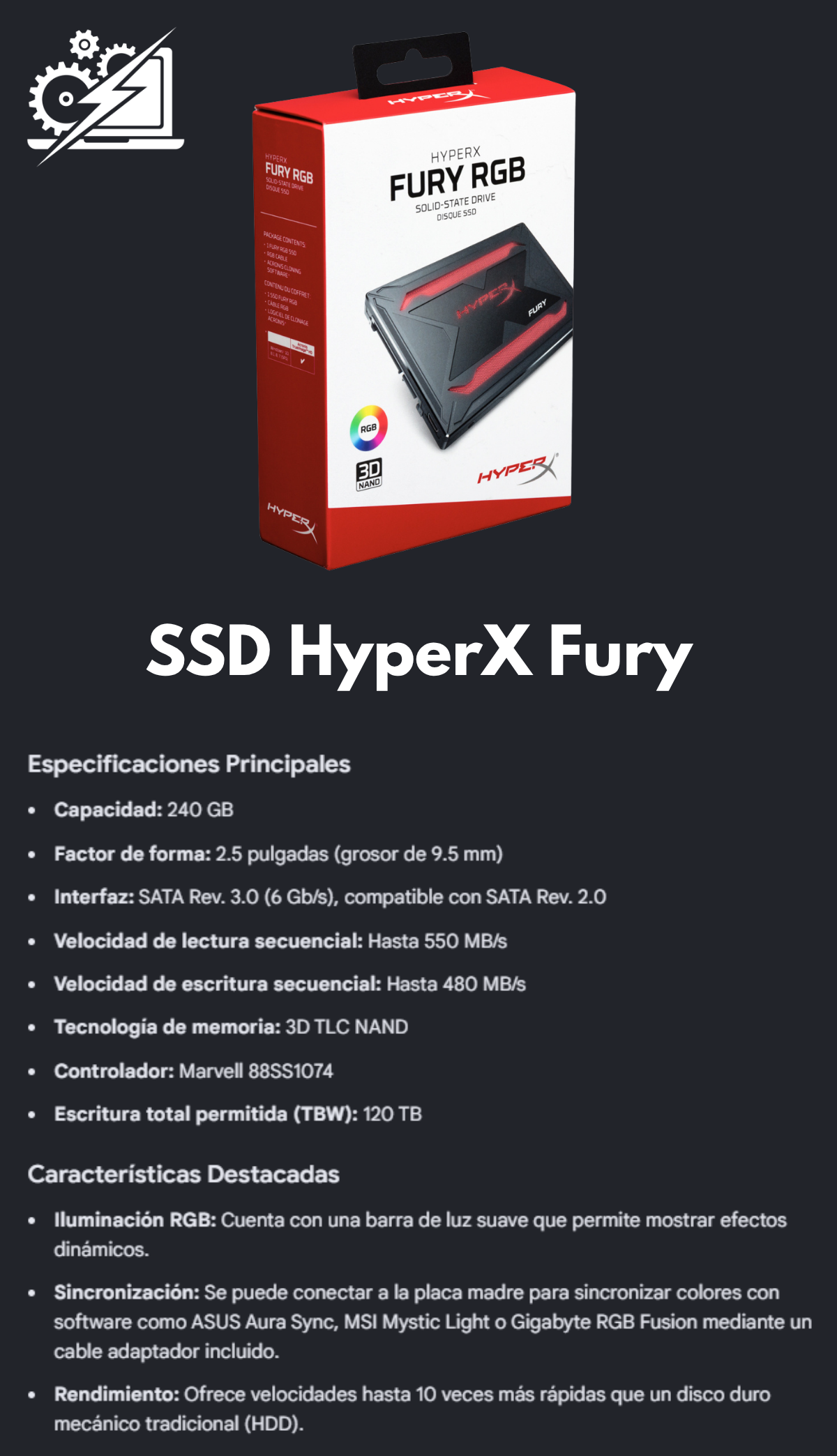SSD HyperX Fury, 240GB, 2.5", 480 MB/s Escritura, 550MB/s Lectura, SATA III