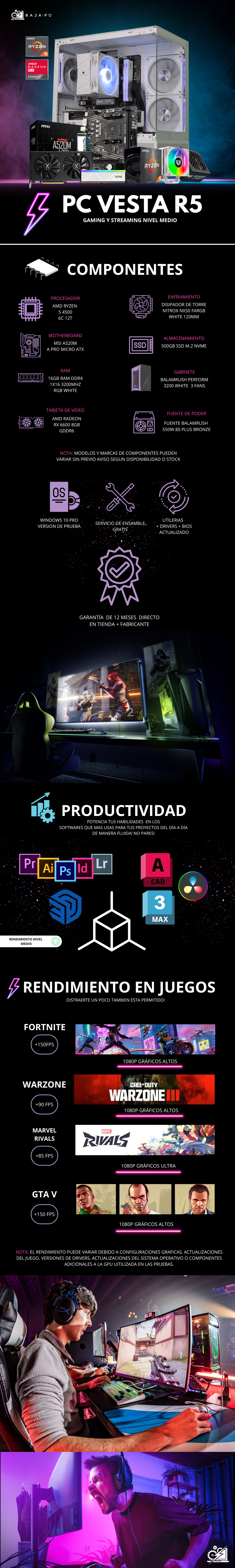 PC VESTA R5 / AMD RYZEN 5 4500 / RADEON RX 6600 / 16GB RAM / 500GB SSD NVME / FUENTE 550W 80+ BRONZE/ DISIPADOR DE TORRE 120MM / PROMOCION