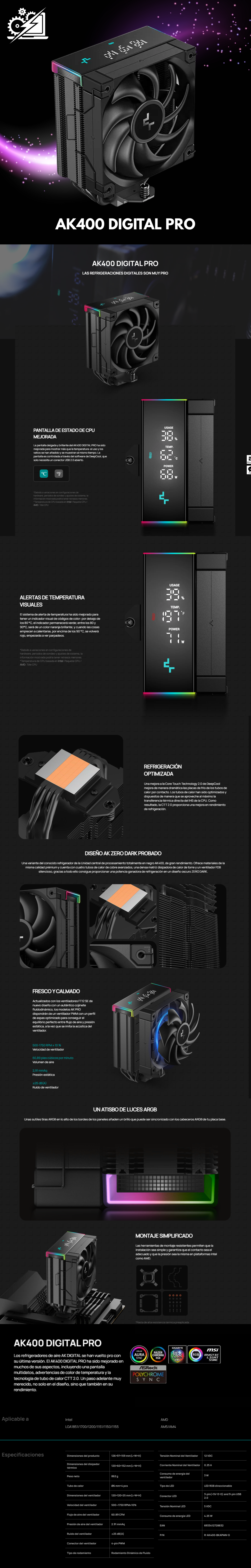 Disipador DeepCool AK400 DIGITAL PRO / 120mm / 500~1750RPM / Negro