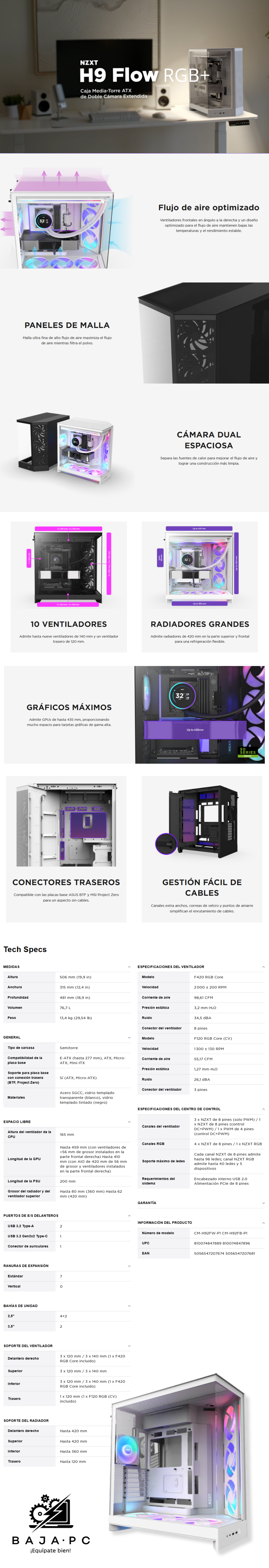 Gabinete NZXT H9 Flow RGB+ (2025) / ATX Mid-Tower / Carcasa de Doble Cámara / Incluye 7 ventiladores RGB / Back Connect Compatible / Blanco / CM-H92FW-P1 RGB