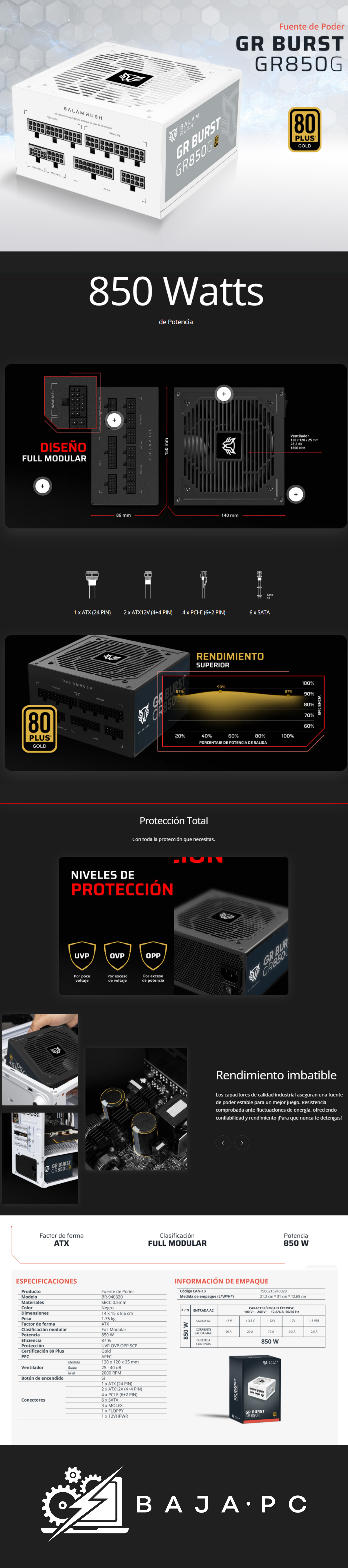 Fuente de Poder Balam Rush GR Burst GR850G 80+ Gold / 20+4 pin / ATX / 850W /Blanca/ BR-940320