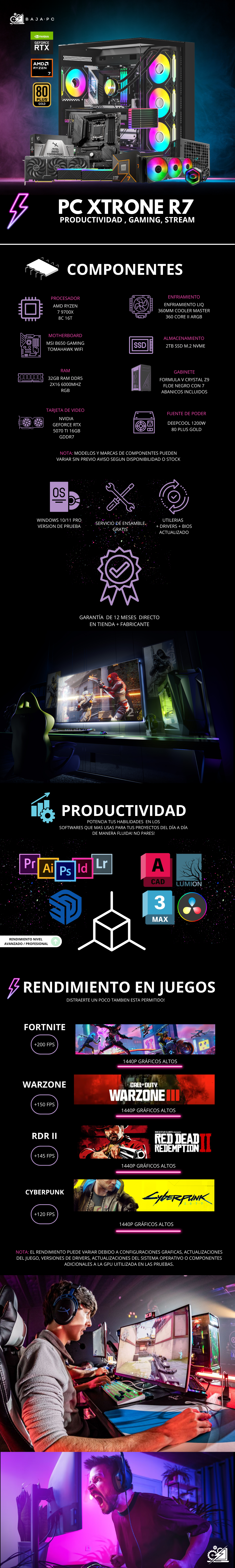 PC XTRONE R7 / AMD RYZEN 7 9700X / RTX 5070 TI / 32GB RAM DDR5 / 2TB SSD NVME / ENFRIAMIENTO LIQ 360MM / 7 VENTILADORES / FUENTE 1200W 80+ GOLD / PROMOCION