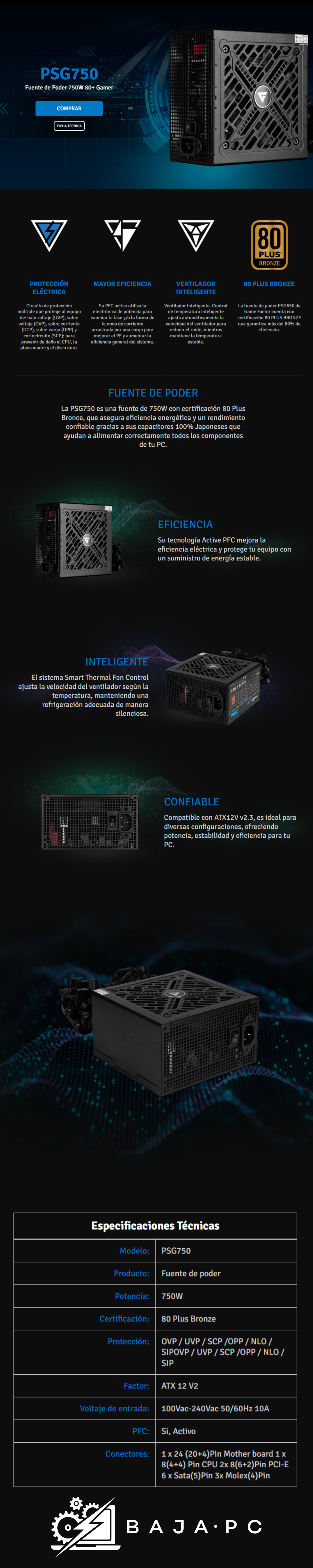 Fuente de Poder Game Factor PSG750 / 750W / 80 Plus Bronze 