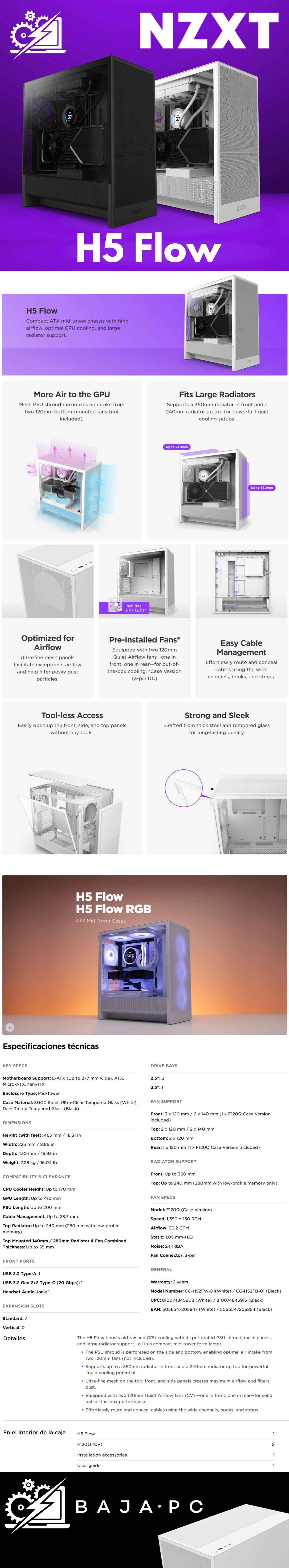 Gabinete NZXT H5 FLOW BLANCO / Versión 2024 / Cristal Templado / Mid-Tower/ Sin Fuente / USB Tipo C / 2 Ventiladores F120Q Instalados / CC-H52FB-01 / 2024H7
