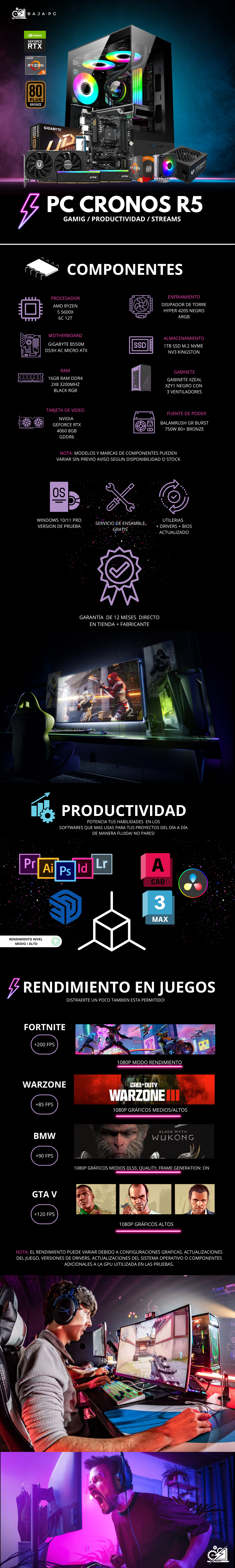 PC CRONOS R5 / AMD RYZEN 5 5600X / RTX 4060 / 32GB RAM / 16GB RAM / 1TB SSD M.2 NVME / DISIPADOR DE TORRE / FUENTE 750W 80+ BRONZE / PROMOCION