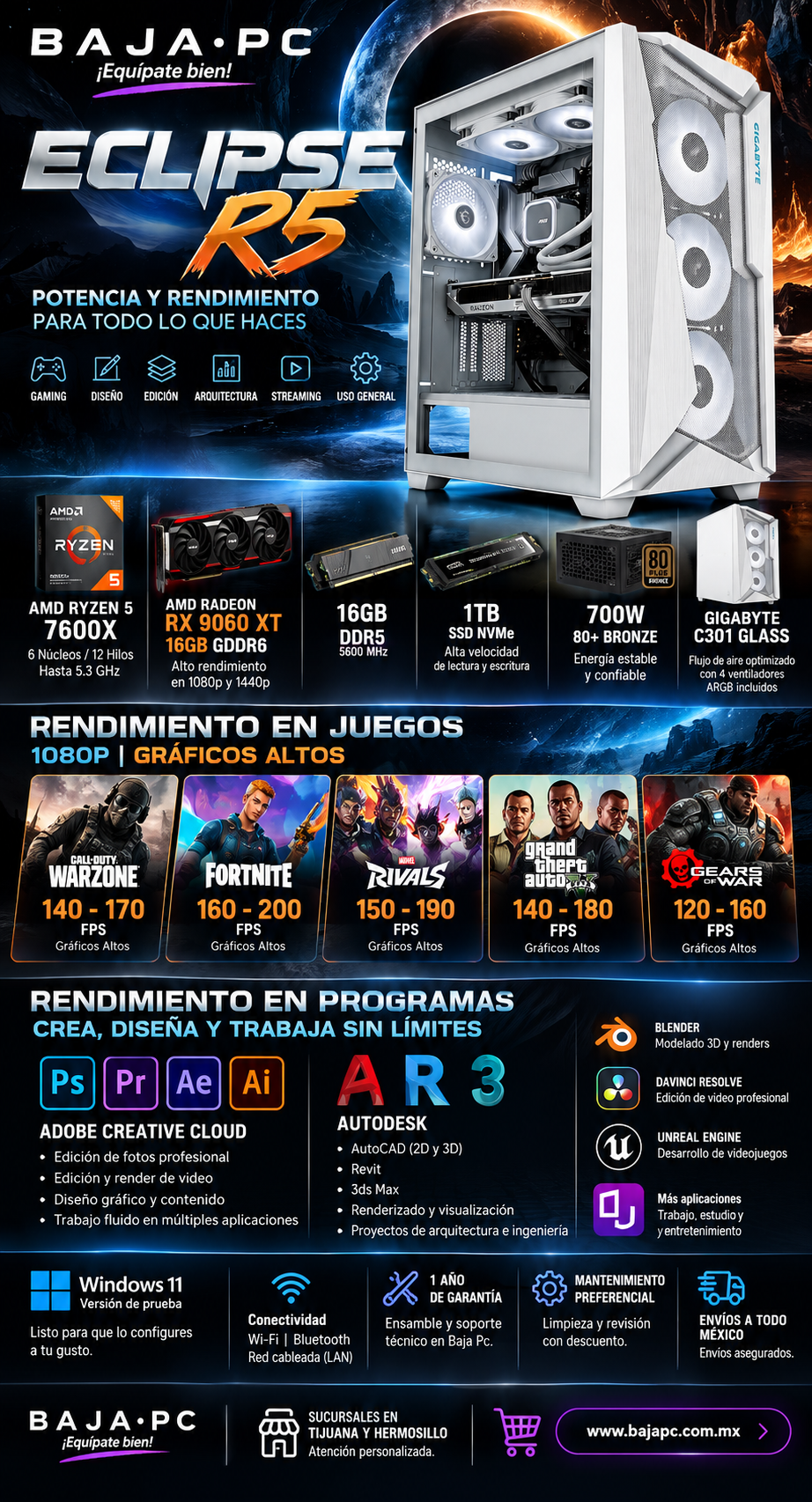 ECLIPSE R5 / AMD RYZEN 5 7600X / RADEON RX 9060 XT 16G / 16GB RAM DDR5 / 1TB SSD NVME / B840M / WIFI Y BT / 700W 80+ BRONZE / W11 PRO / PROMOCION