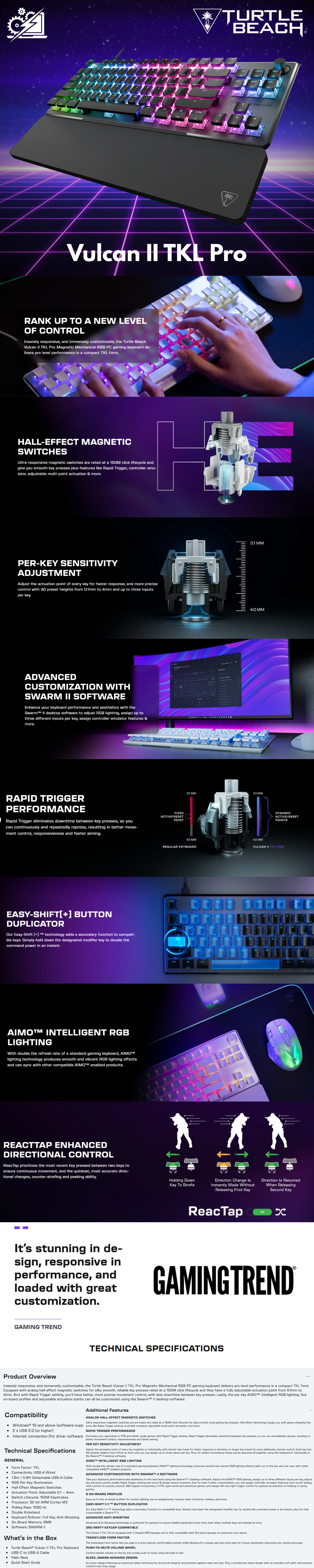 Turtle Beach Vulcan II TKL Pro Teclado mecánico magnético para Juegos RGB – Interruptores analógicos de Efecto salón, accionamiento Ajustable, Disparador rápido, Teclas Intercambiables