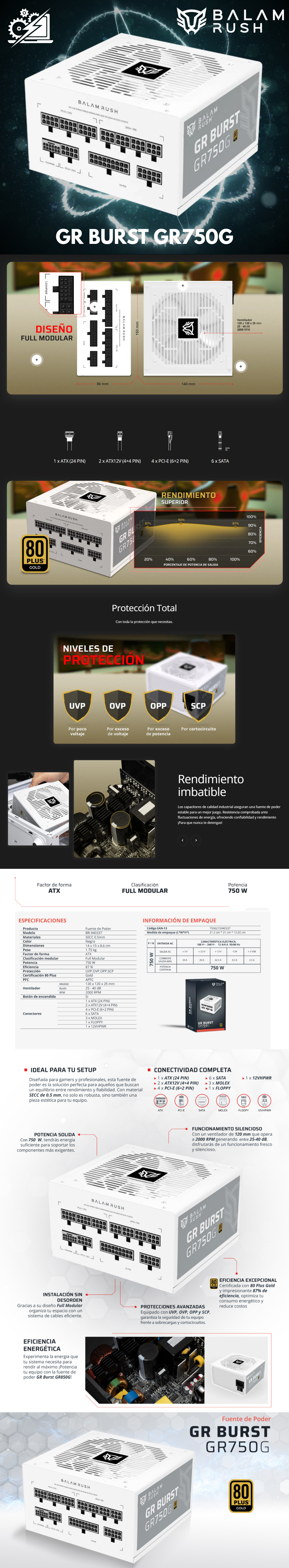 Fuente de Poder 750W 80 Plus Gold GR BURST GR750G BALAM RUSH LEGEND SERIES.