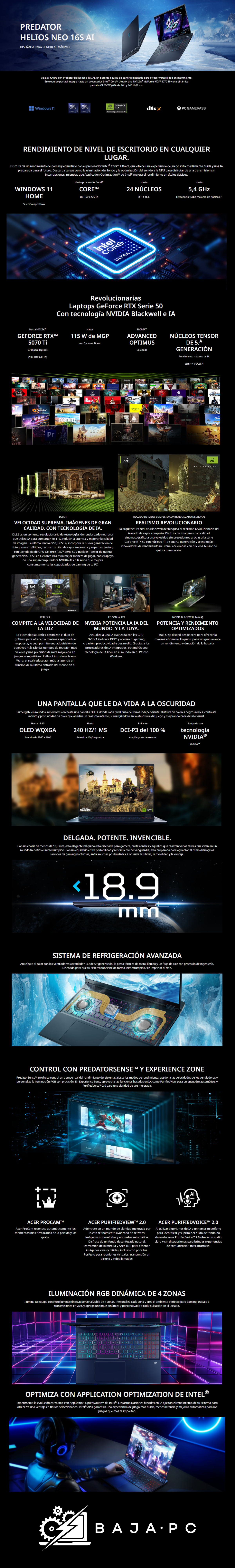 Laptop Gamer Predator Helios Neo 16S AI / Intel Core Ultra 9 275HX / RTX 5070 TI  12GB VRAM / 32GB RAM DDR5 6400Mhz / 1TB SSD NVME / Pantalla OLED WQXGA de 16'' y 165Hz/1 ms / PROMOCION