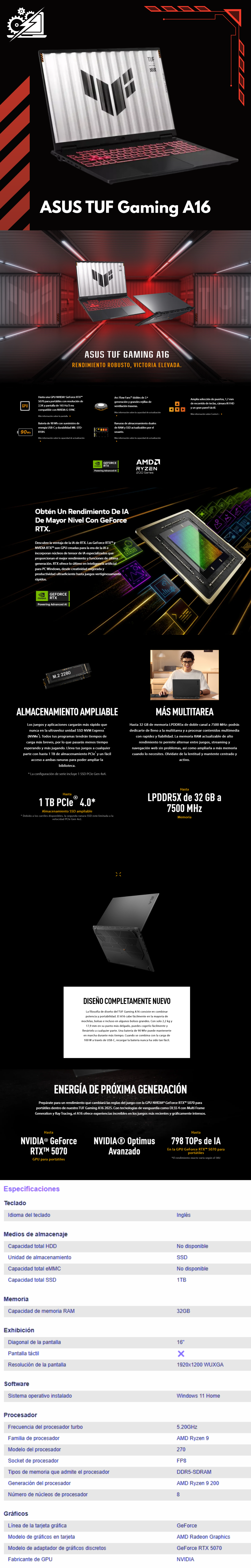 LAPTOP GAMER ASUS TUF FA608 / AMD RYZEN 9 270 / RTX 5070 8GB VRAM / 32GB RAM DDR5 / 1TB SSD PCIE G4 / PANTALLA 16" WUXGA 1920X1200 165HZ / TECLADO EN INGLES /  W11 HOME / PROMOCION