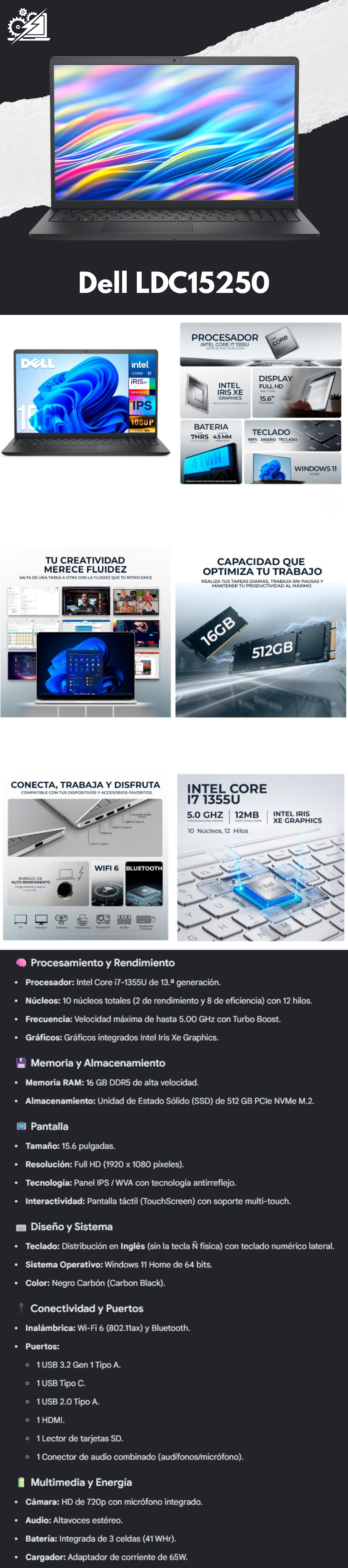 Laptop Dell LDC15250, 15.6" 1920x1080 Full HD Táctil, Intel Core i7-1355U, 16GB, 512GB SSD, Windows 11 Home, Inglés