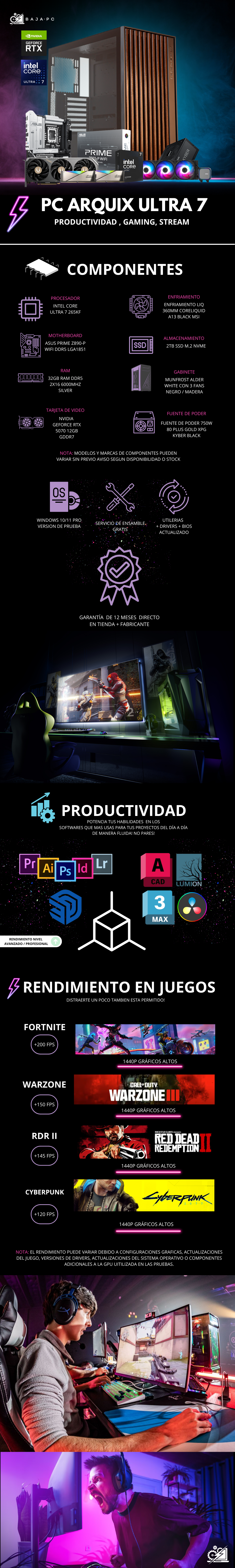 PC ARQUIX ULTRA 7 / INTEL CORE ULTRA 7 265KF / RTX 5070 / 32GB RAM DDR5 / 2TB SSD NVME / ENFRIAMIENTO LIQ 360MM / FUENTE 750W 80+ GOLD/ PROMOCION