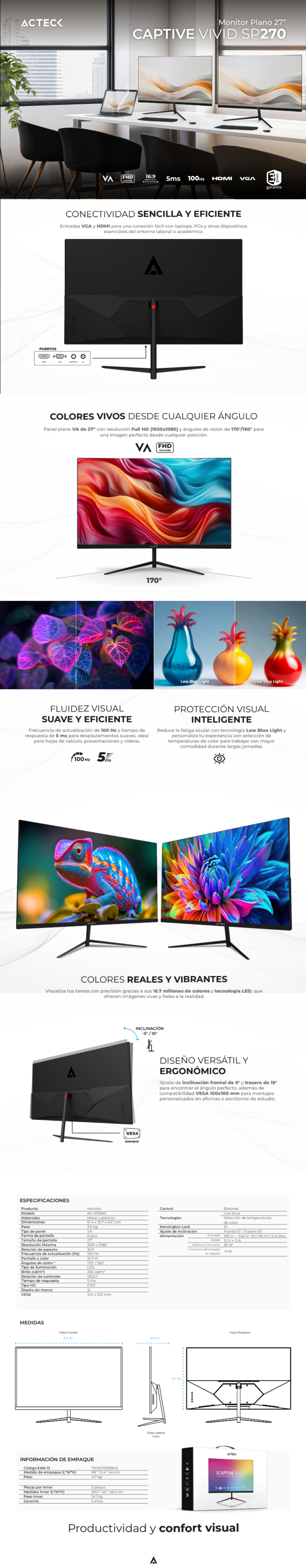 Monitor Acteck Captive Vivid SP270 Elite LED 27", 1920x1080 Full HD, 75Hz, HDMI, Negro