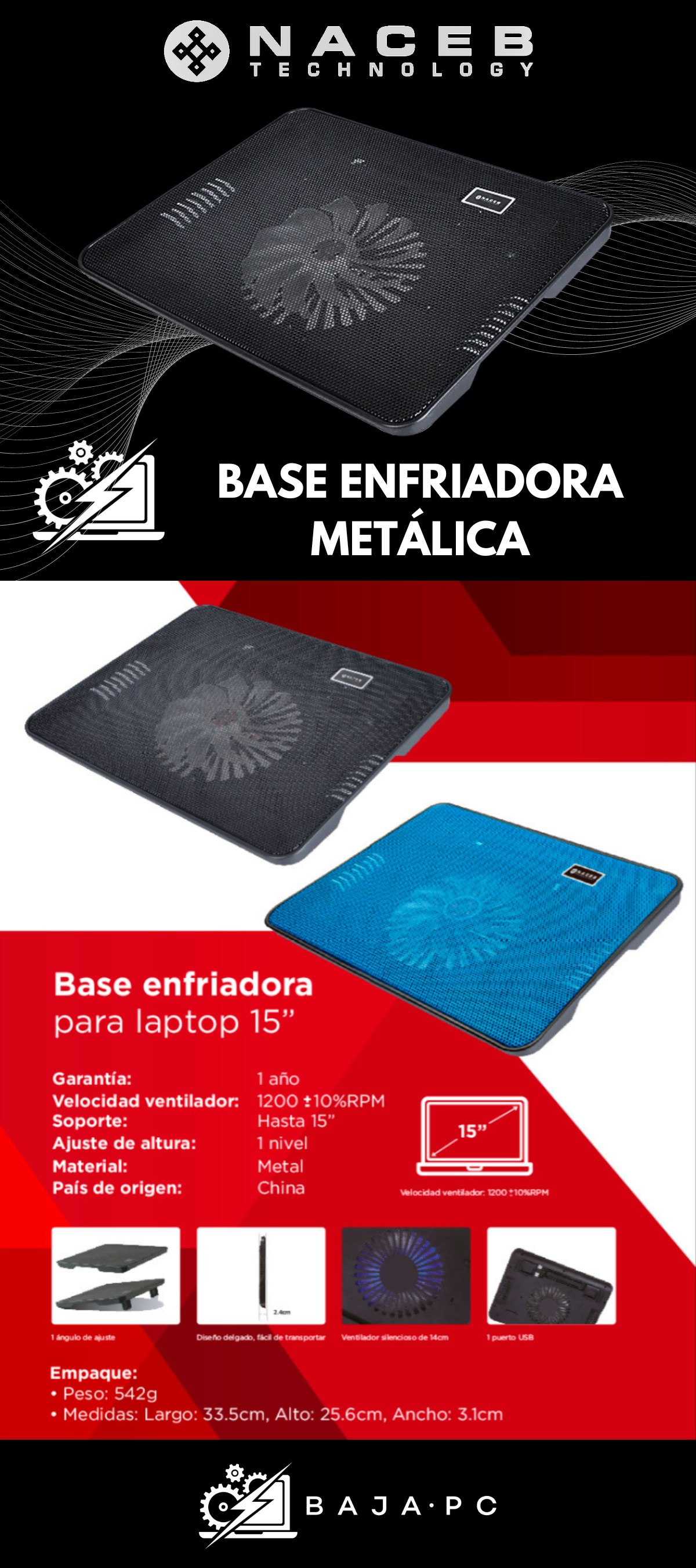Base Enfriadora para laptop / 15" / Naceb Technology / malla metalica / puerto usb / NA-0108N